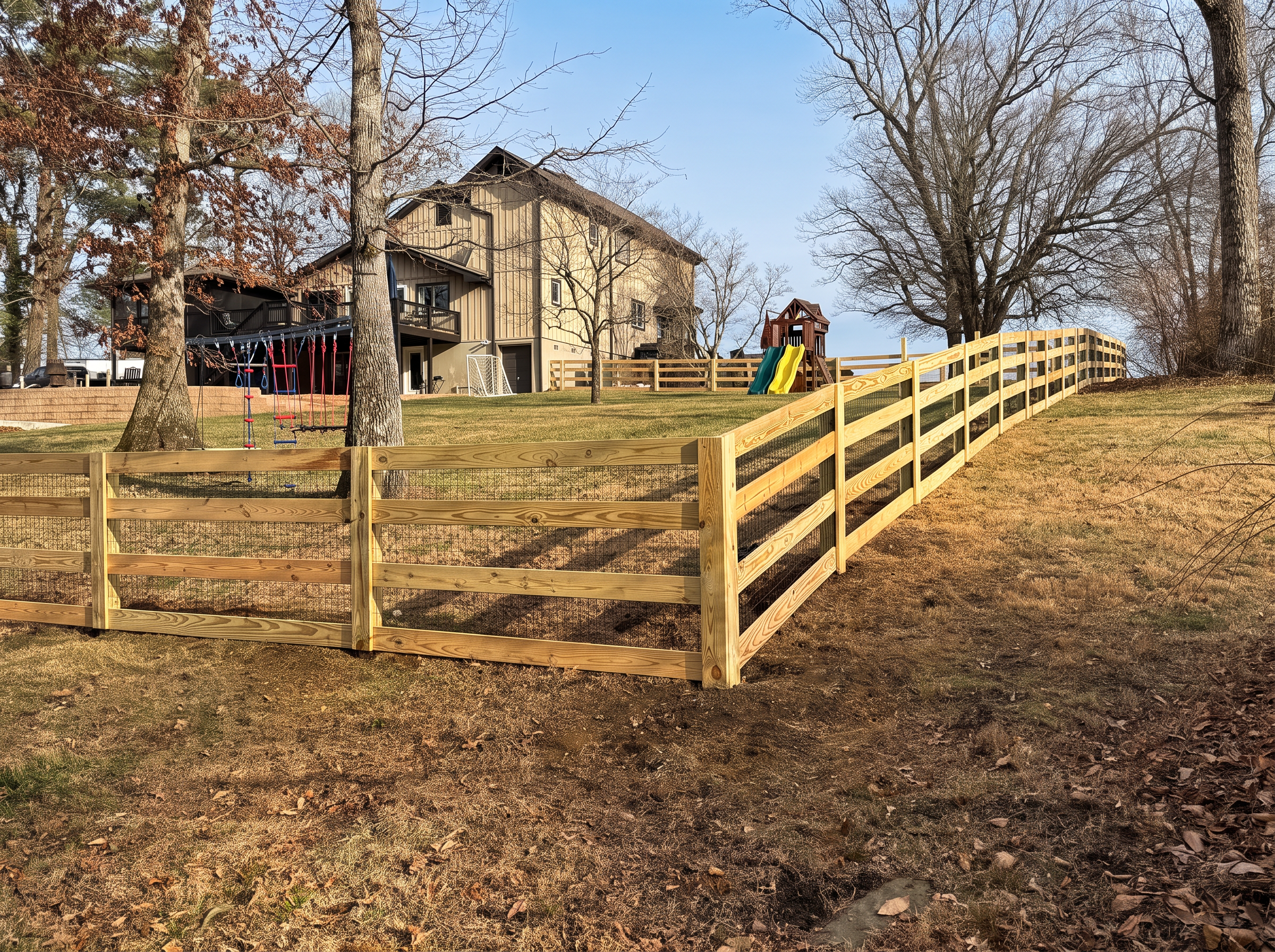 Four-rail wood fence with wire mesh curving up a hillside toward a house