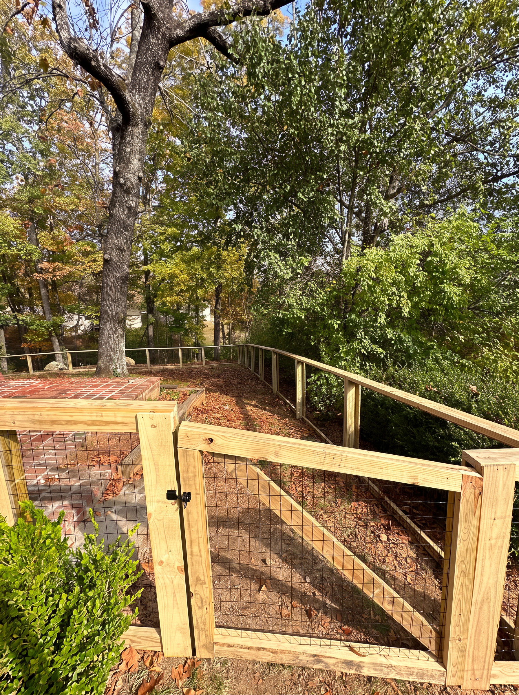 Wood-framed wire mesh gate and fence enclosing a sloped yard beside a brick patio