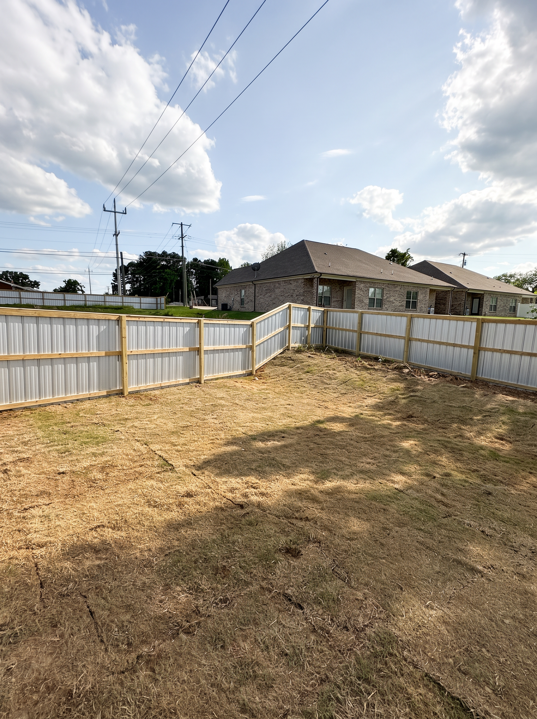 Wood-framed aluminum privacy fence with horizontal rails around a backyard