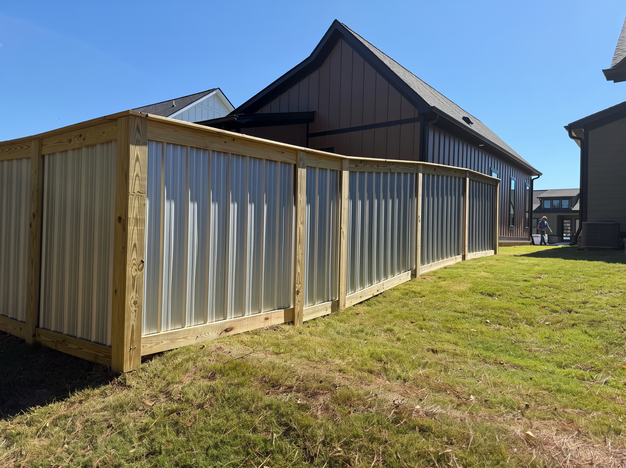 Wood-framed aluminum fence corner and long privacy run beside a house