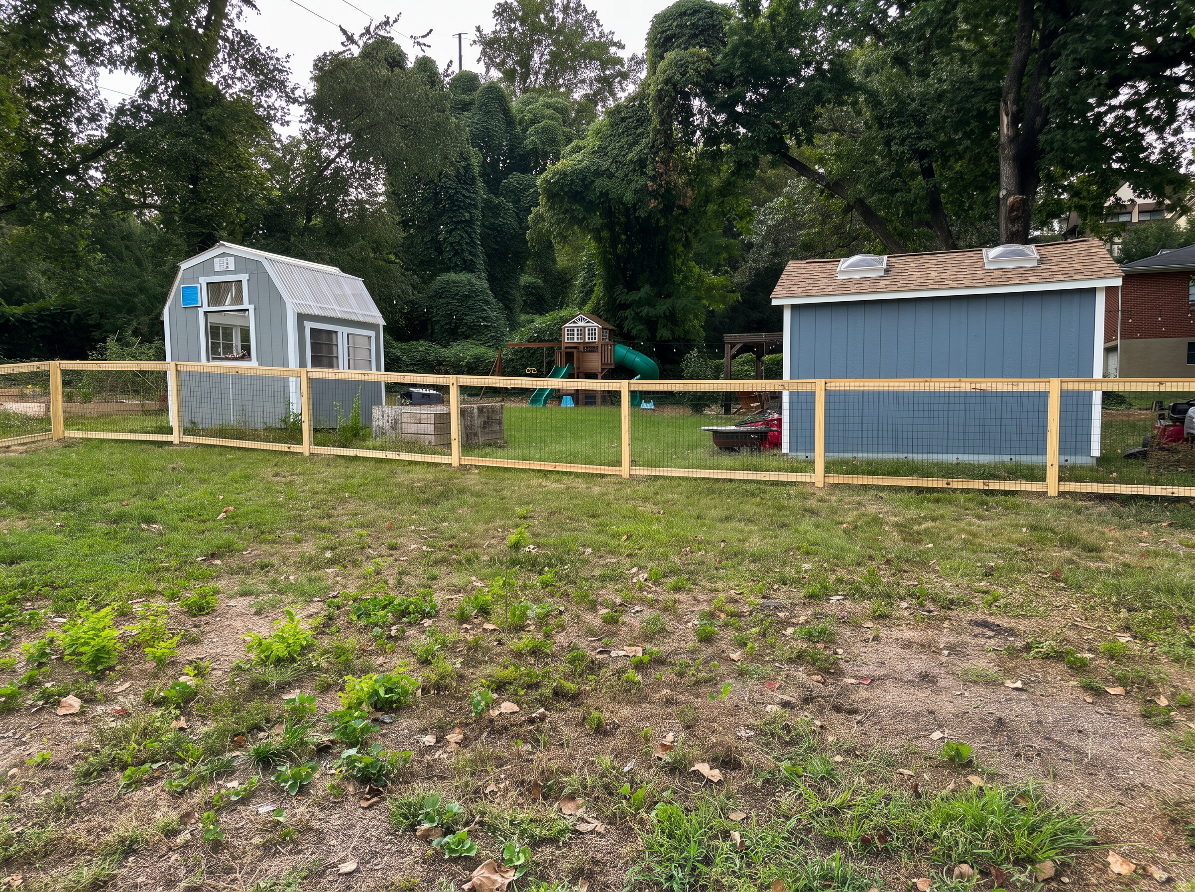Wood-framed wire mesh fence enclosing a backyard between two sheds