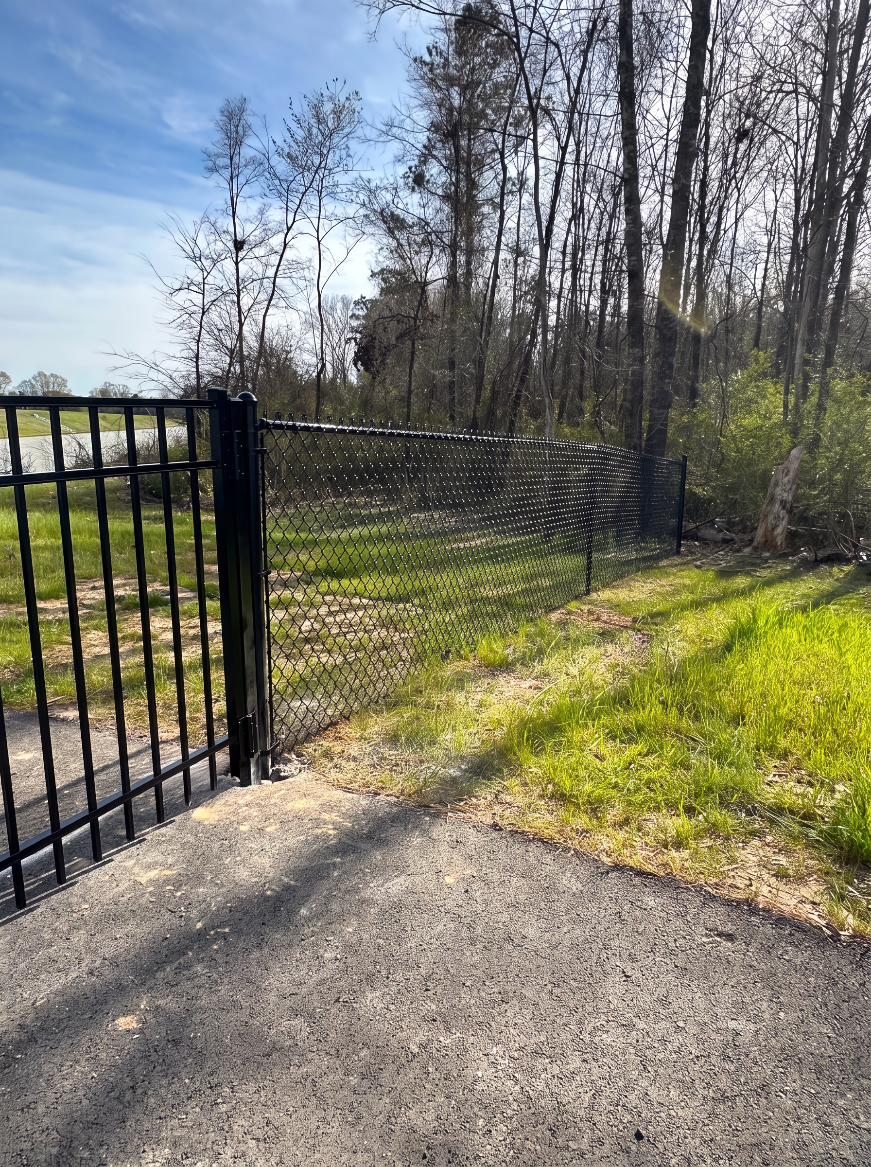 Black chain-link fence meeting an ornamental metal gate beside a pond