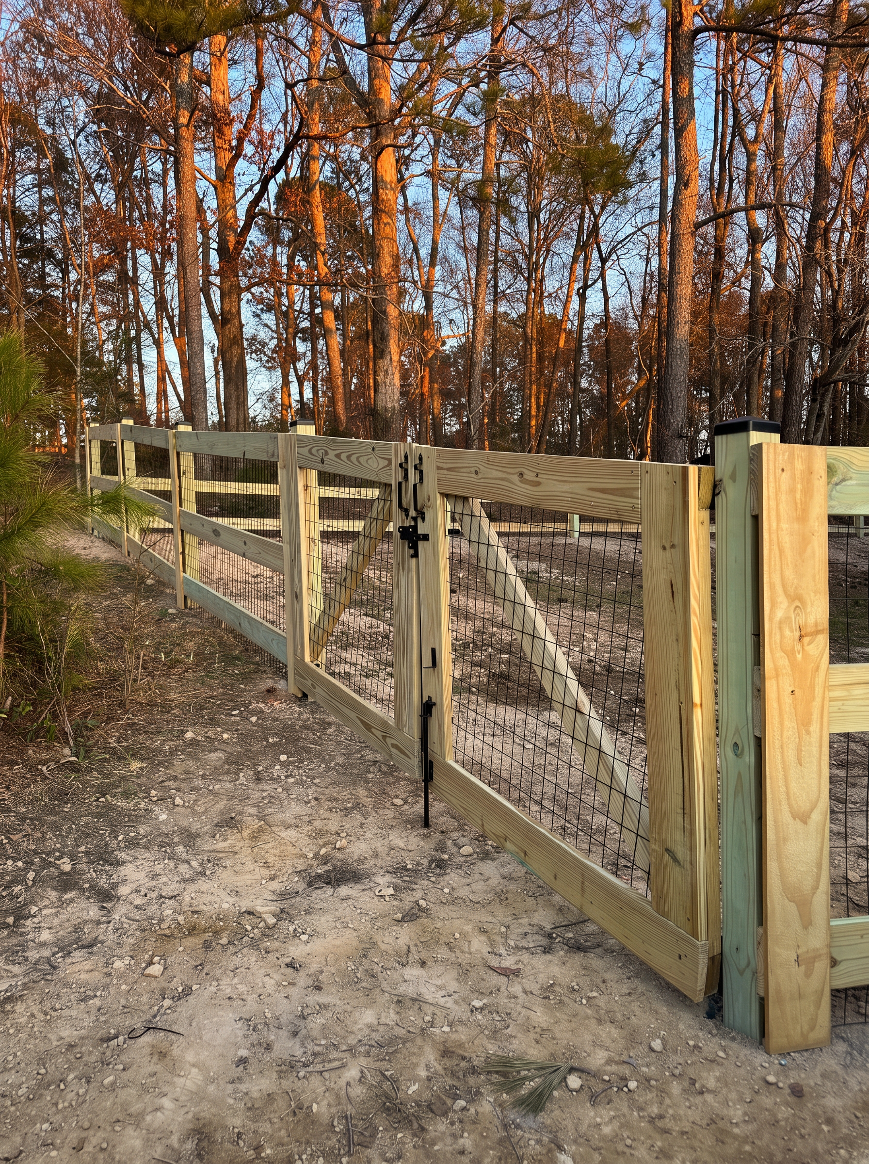Wood-framed wire mesh gate between pine trees at golden hour