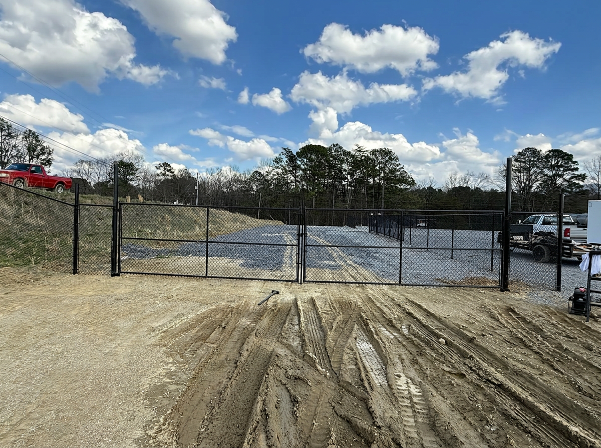 Black chain-link double drive gate at a gravel commercial lot