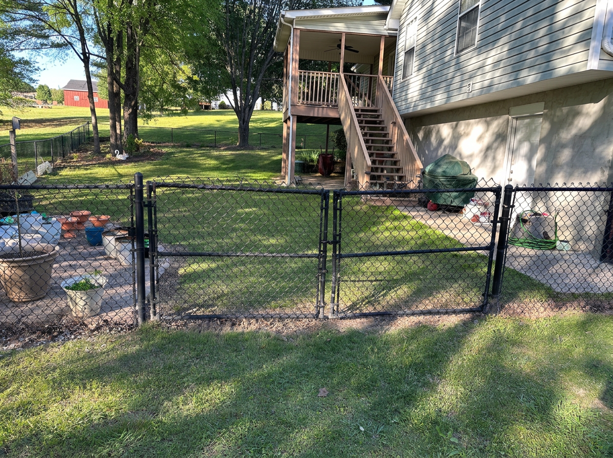 Black chain-link backyard fence and double gate beside a deck and planters