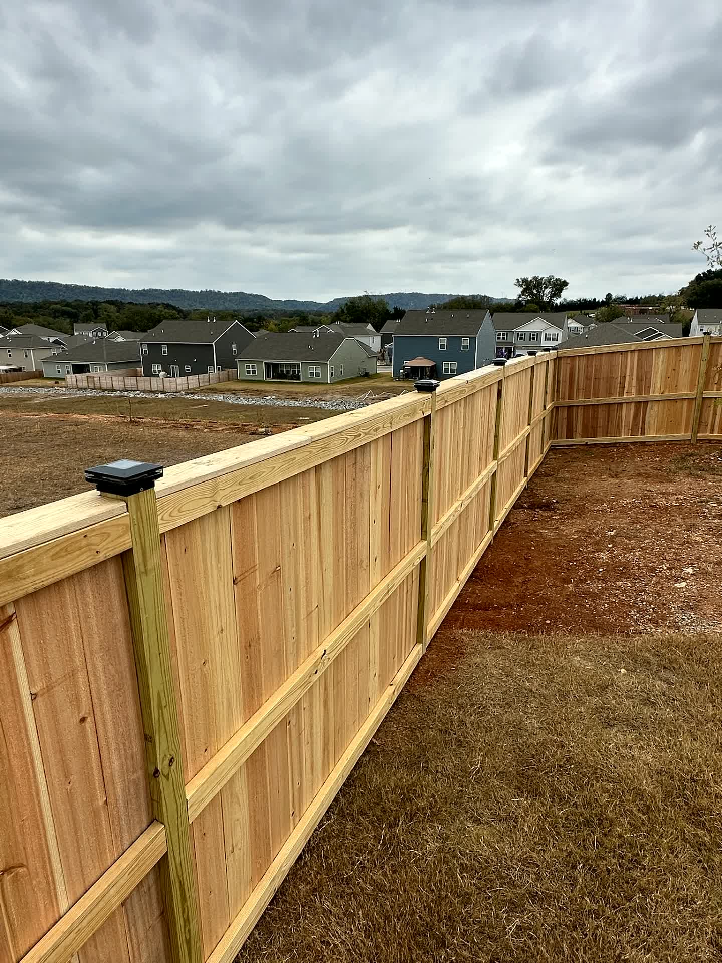 Cedar privacy fence with solar post caps overlooking a neighborhood