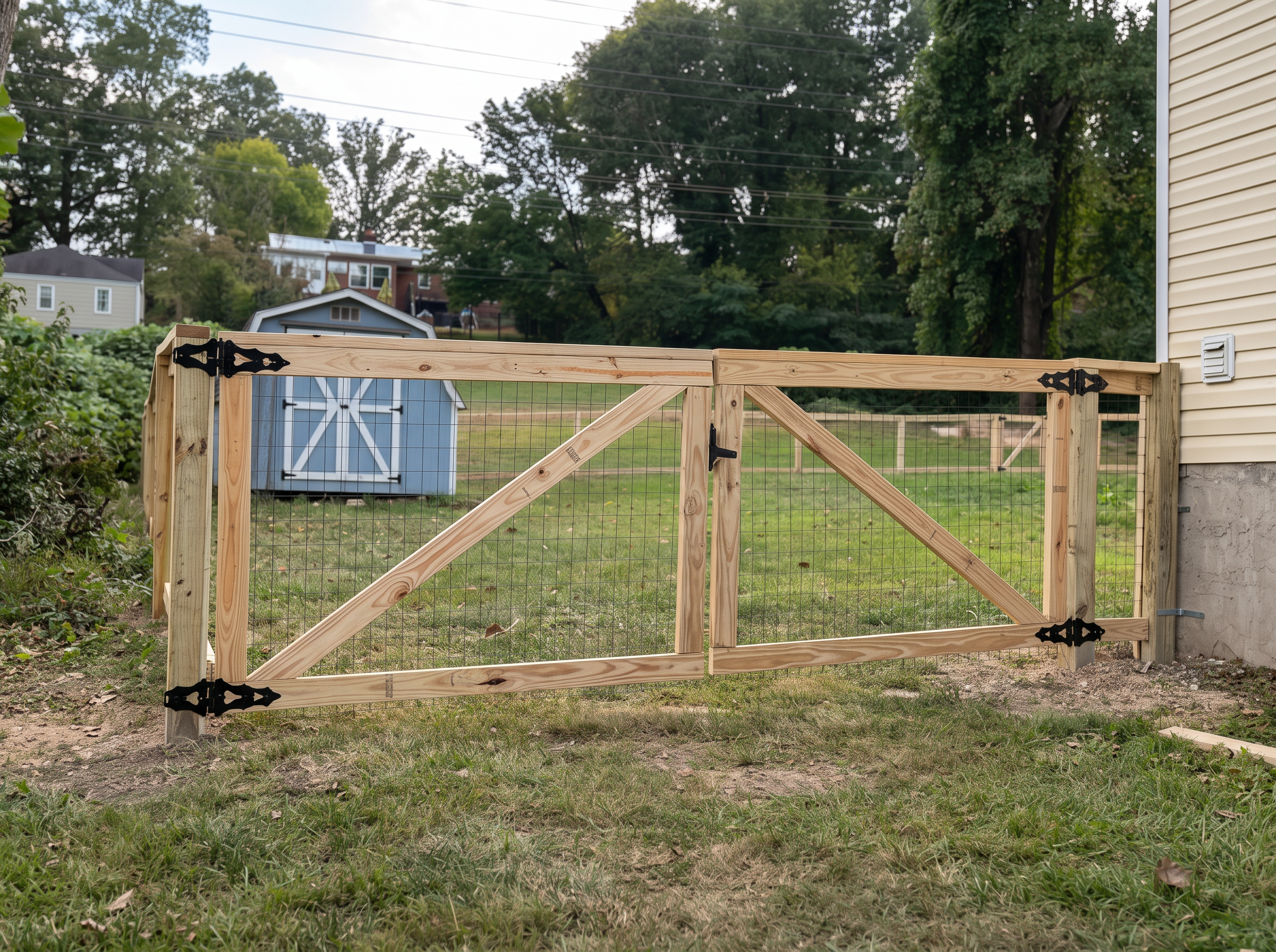 Double wood gate with wire mesh, diagonal braces, and black hinges
