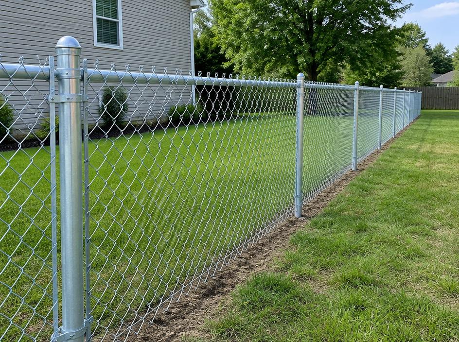 Brand new galvanized chain link fence in the same spot
