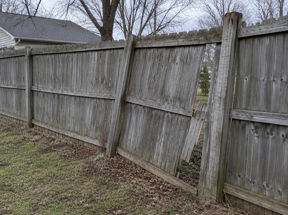 Old weathered wood privacy fence with a leaning section